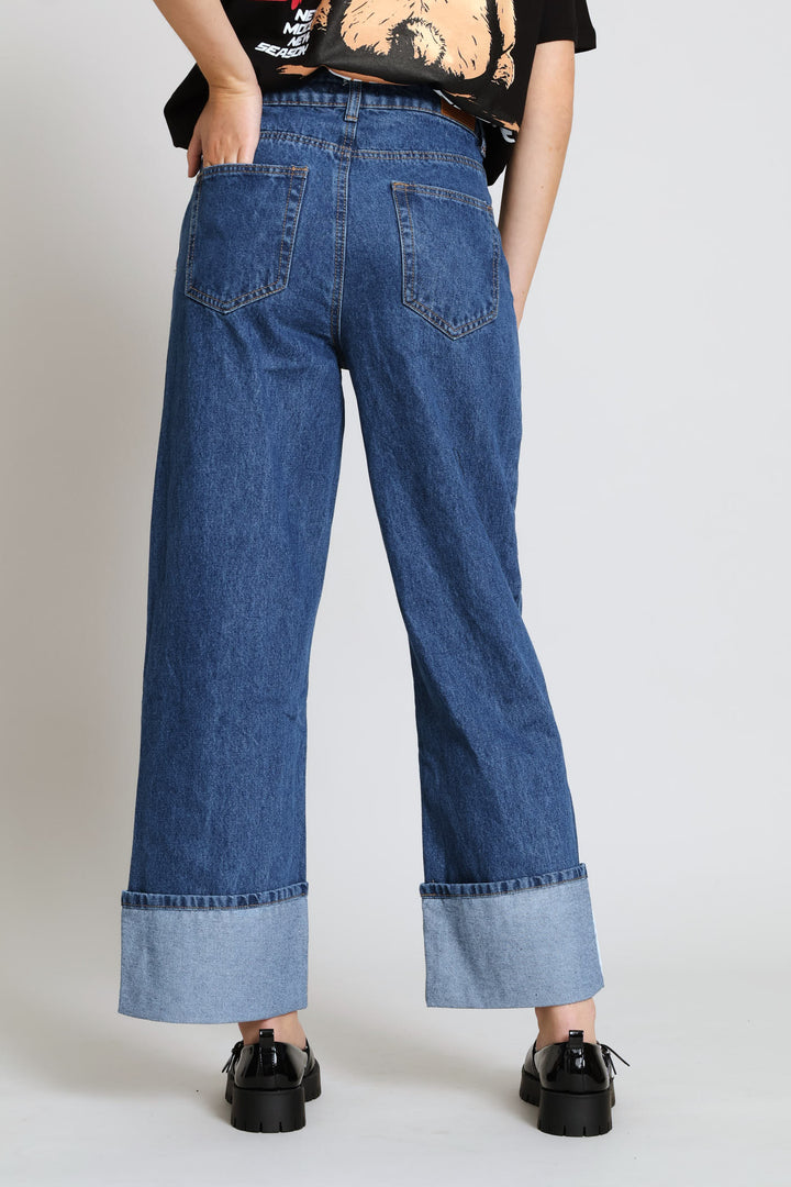 Turn Up Wide Leg Denim - Salty Mid Wash