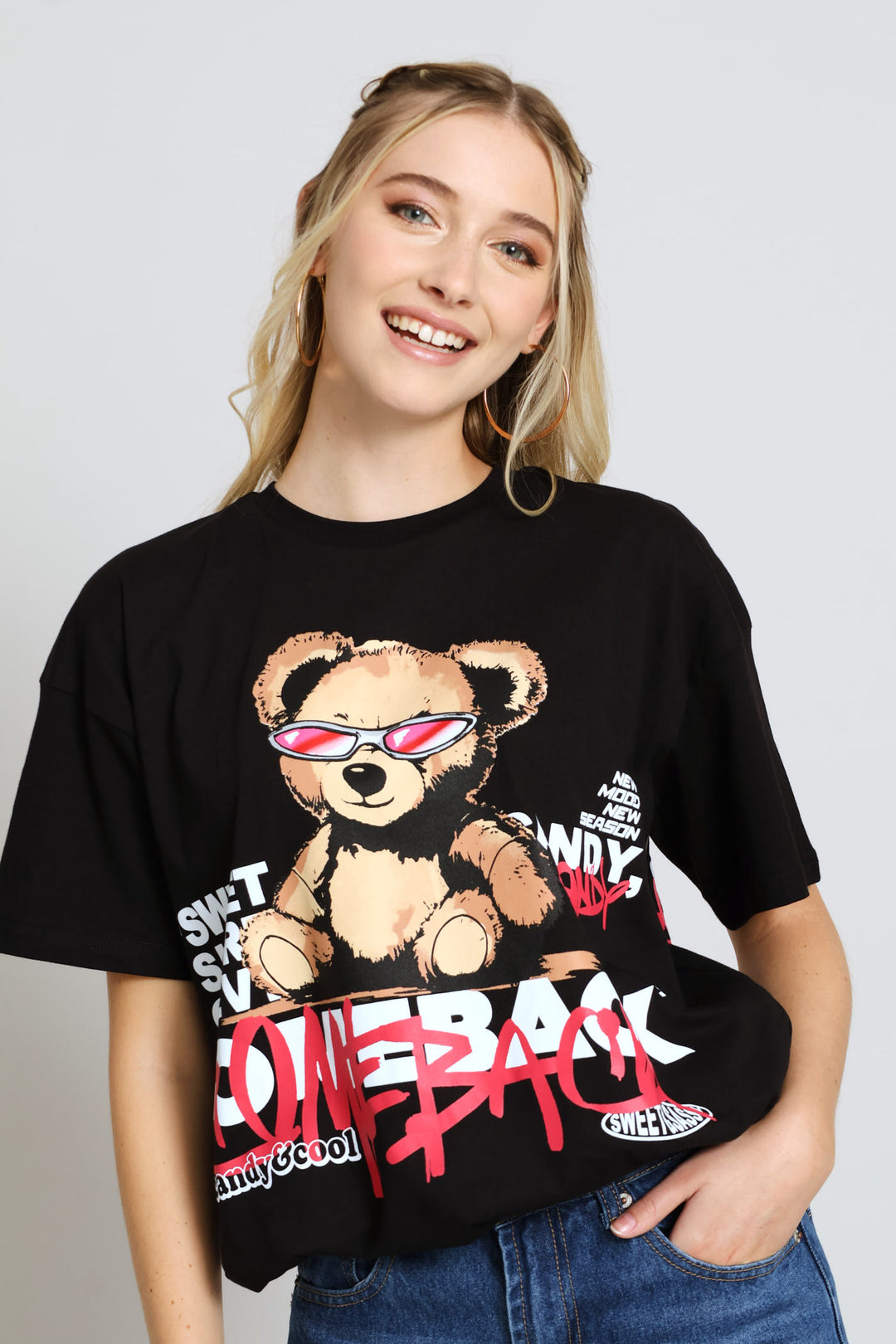 Oversized Graffiti Teddy Tee - Black
