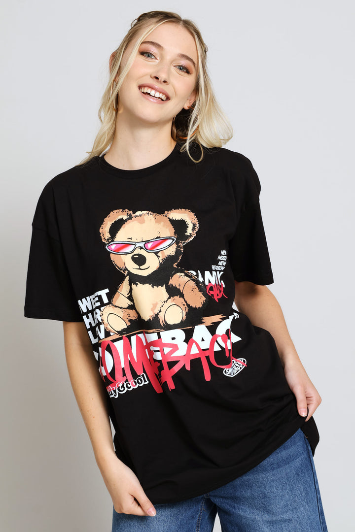 Oversized Graffiti Teddy Tee - Black