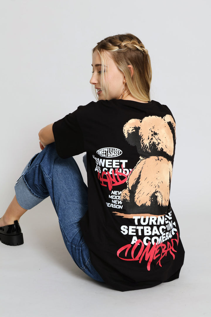 Oversized Graffiti Teddy Tee - Black