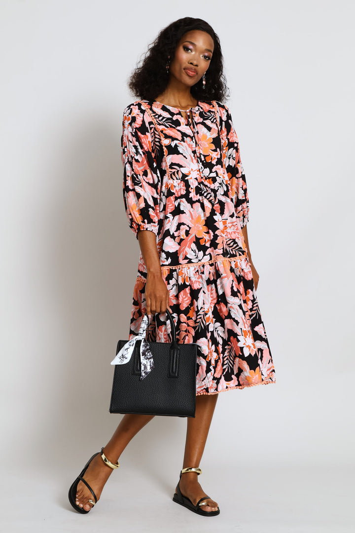 Collared Button Through Printed Maxi Dress - Black