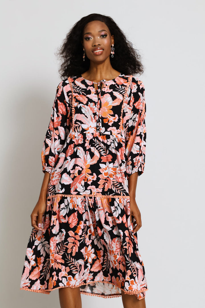 Collared Button Through Printed Maxi Dress - Black