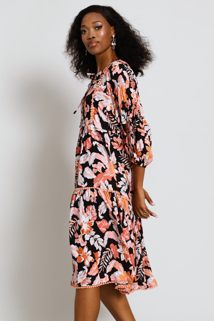 Collared Button Through Printed Maxi Dress - Black