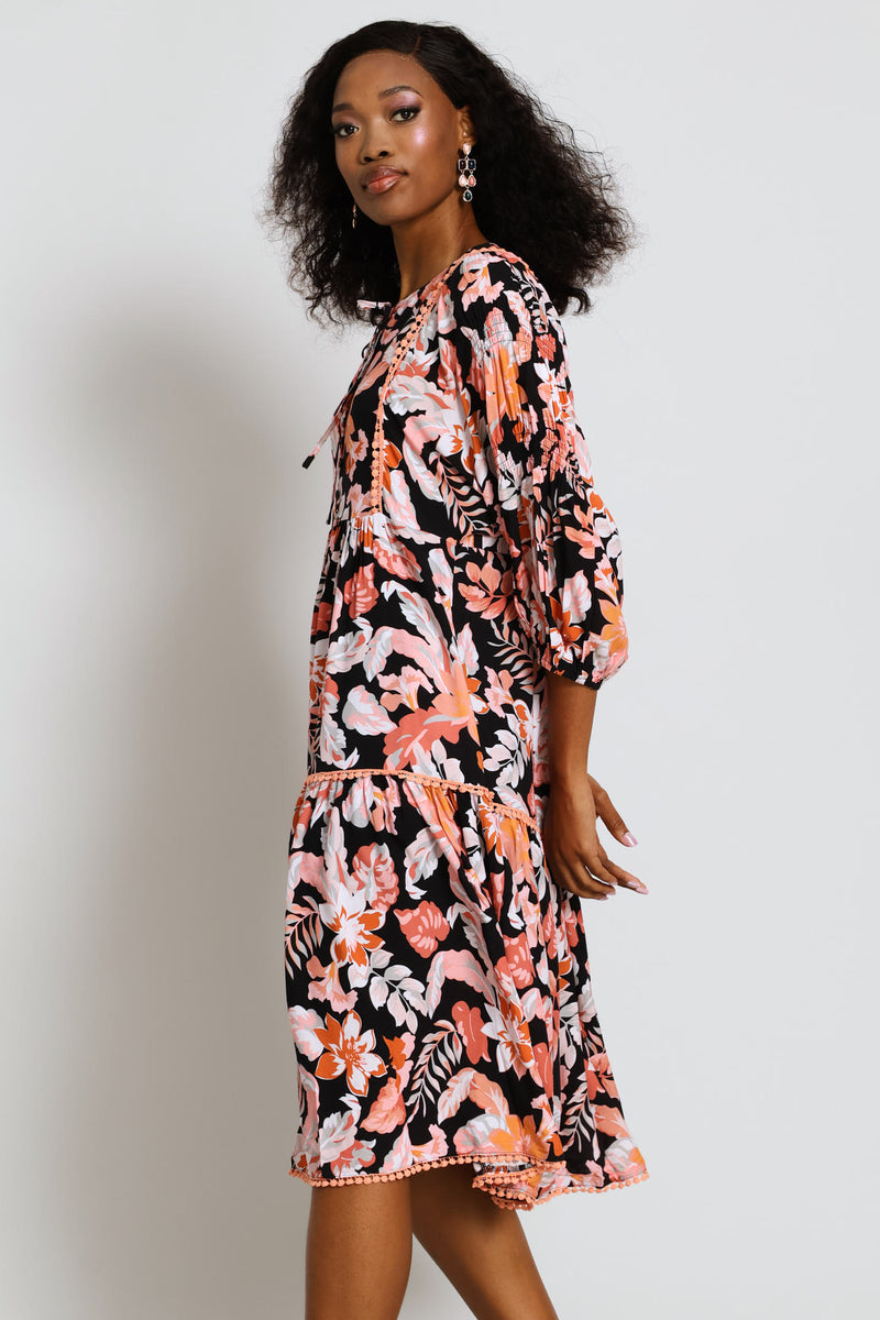 Collared Button Through Printed Maxi Dress - Black