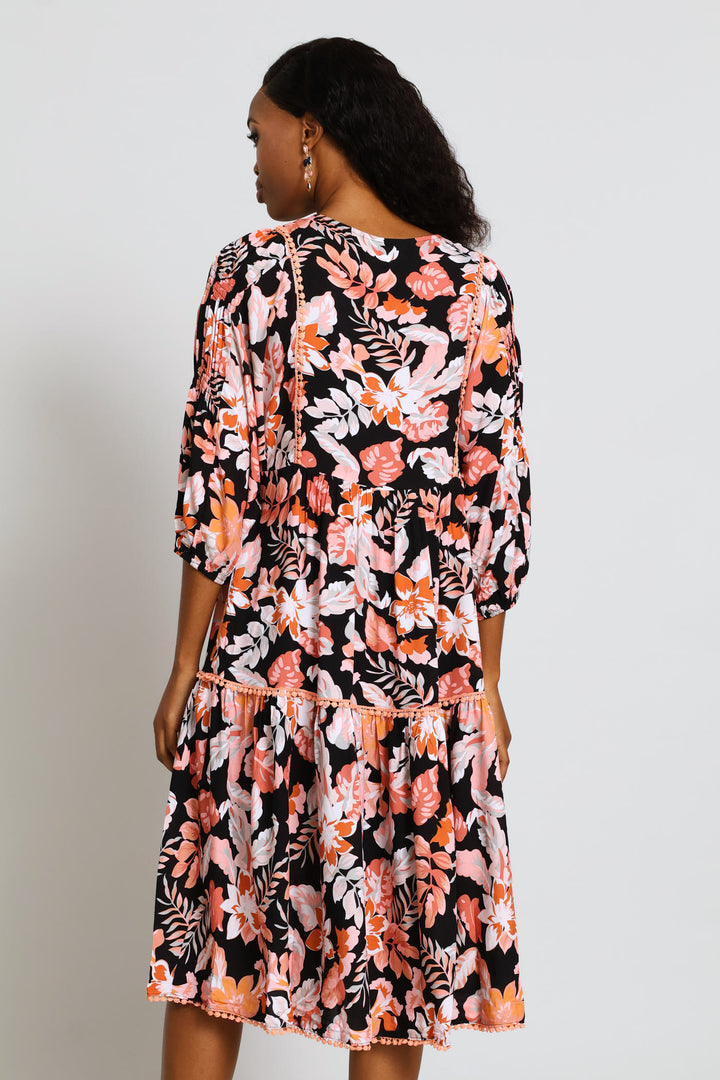 Collared Button Through Printed Maxi Dress - Black