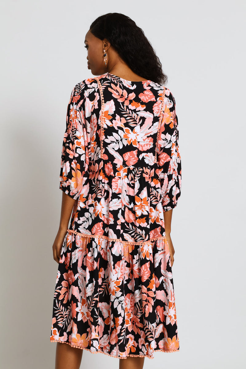 Collared Button Through Printed Maxi Dress - Black