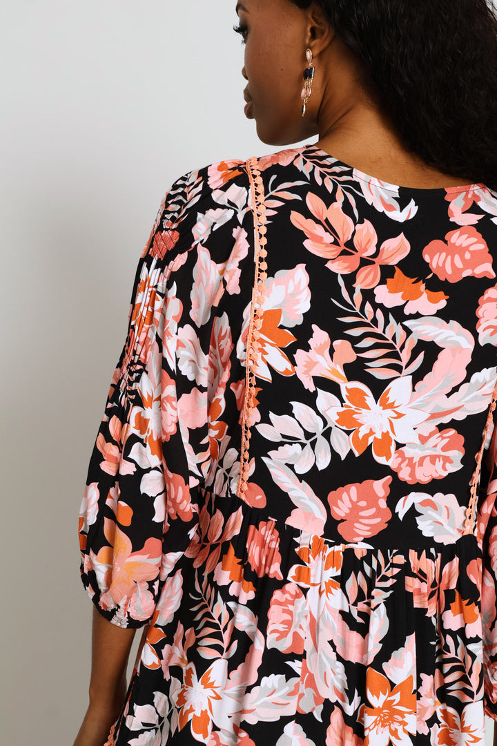 Collared Button Through Printed Maxi Dress - Black