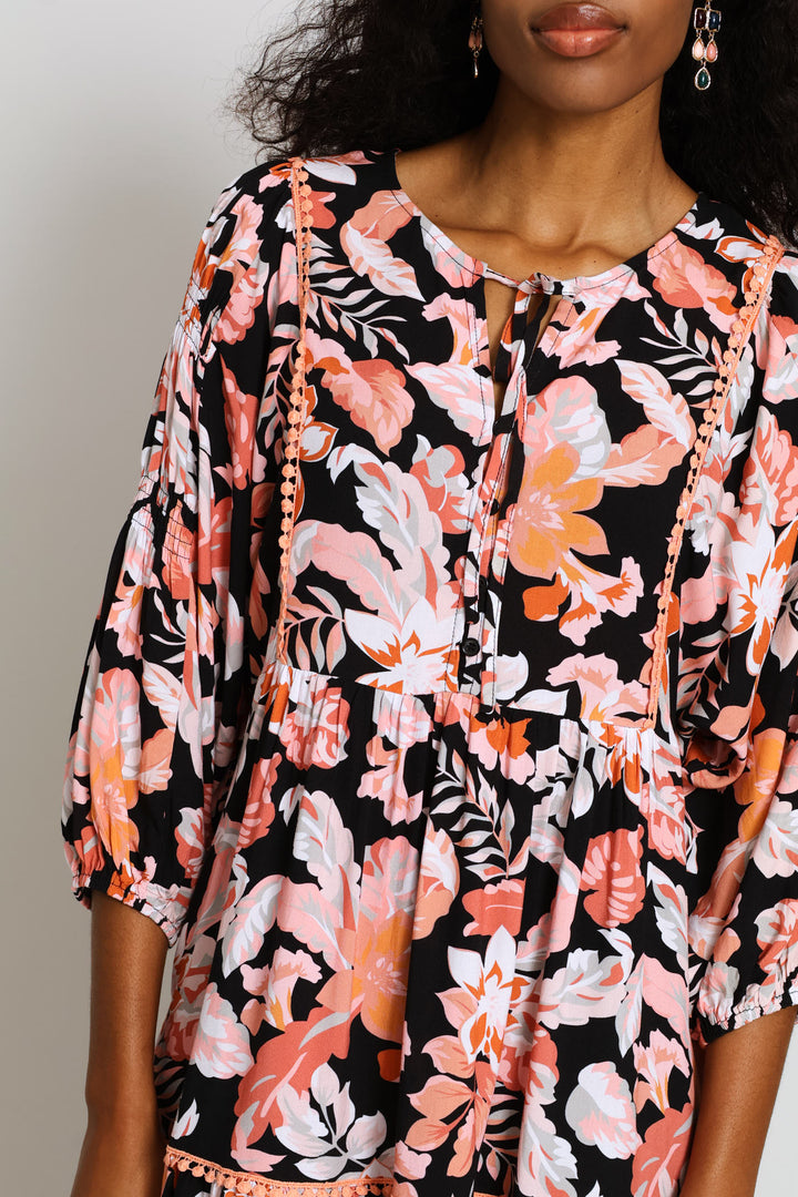 Collared Button Through Printed Maxi Dress - Black
