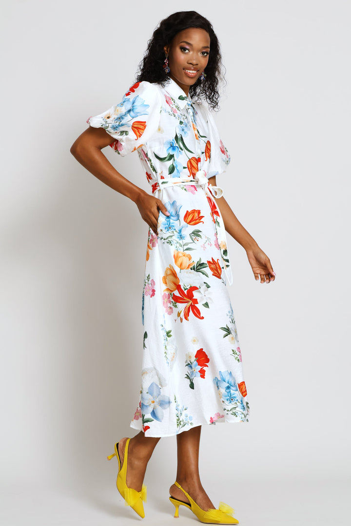 V-Neck Waisted Border Print Maxi Dress - White