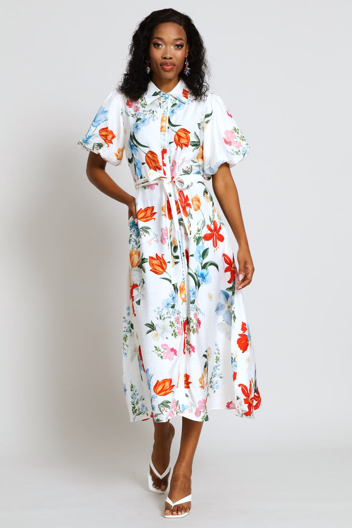 V-Neck Waisted Border Print Maxi Dress - White