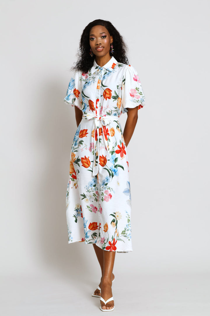 V-Neck Waisted Border Print Maxi Dress - White