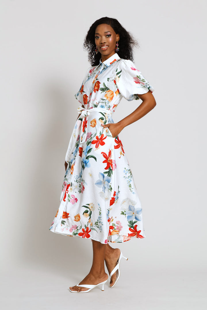 V-Neck Waisted Border Print Maxi Dress - White