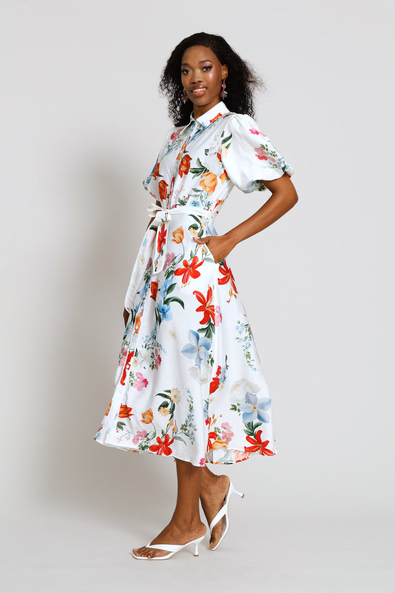 V-Neck Waisted Border Print Maxi Dress - White