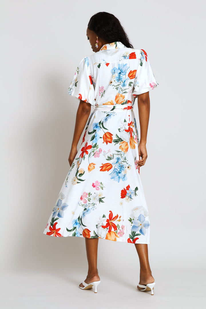 V-Neck Waisted Border Print Maxi Dress - White