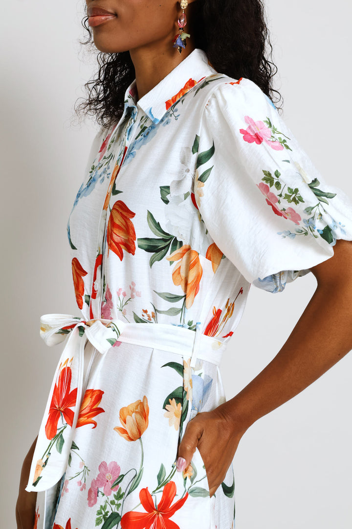 V-Neck Waisted Border Print Maxi Dress - White