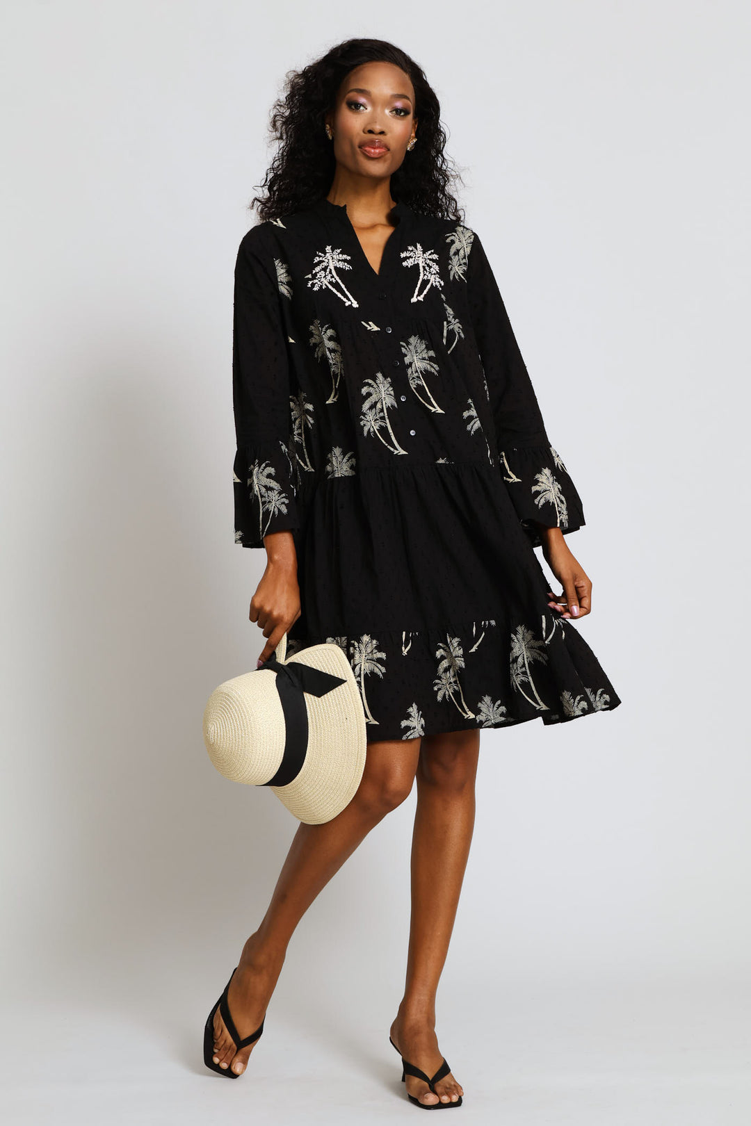 Half Sleeve V-Neck Border Print Maxi Dress - Black
