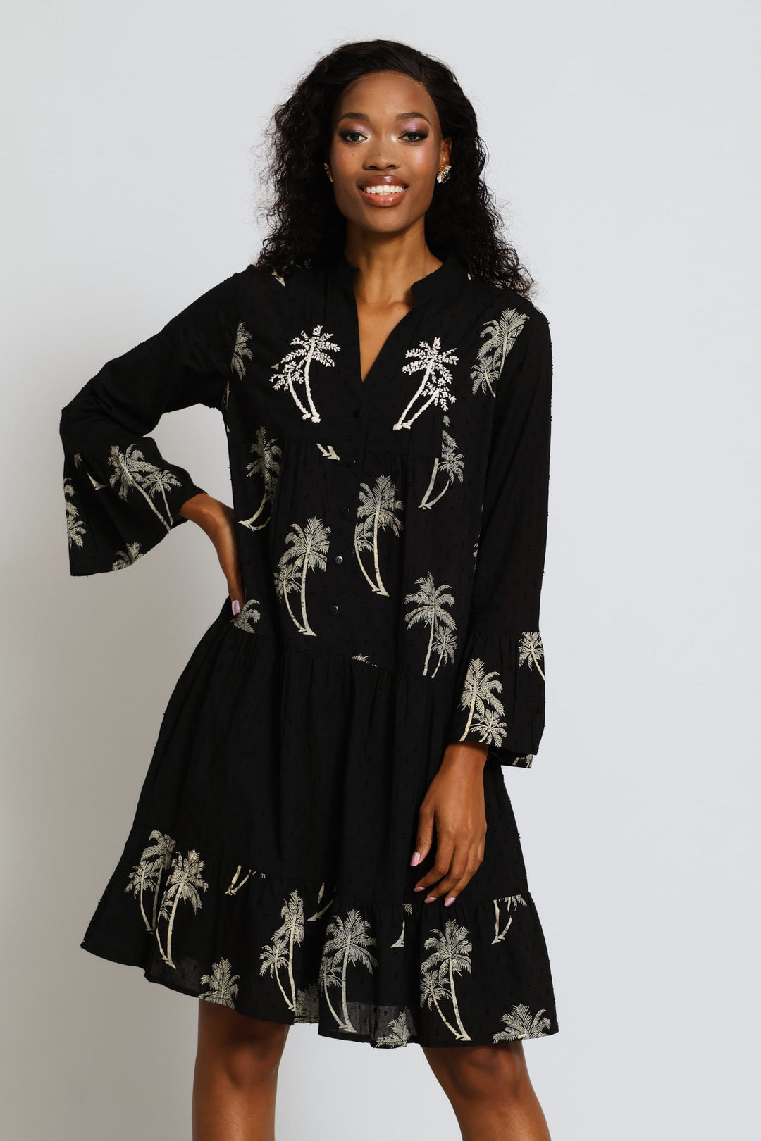 Half Sleeve V-Neck Border Print Maxi Dress - Black