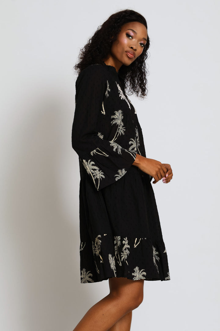 Half Sleeve V-Neck Border Print Maxi Dress - Black