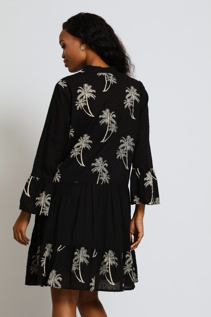 Half Sleeve V-Neck Border Print Maxi Dress - Black