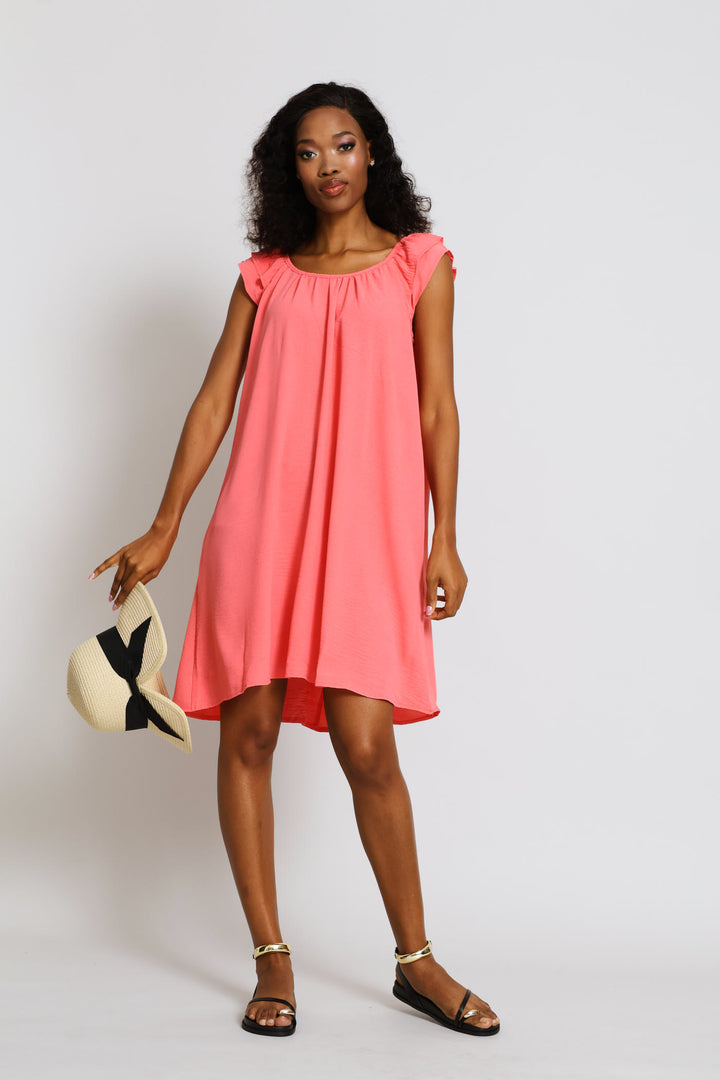 Double Frill Sleeve Babydoll Shift Dress - Coral