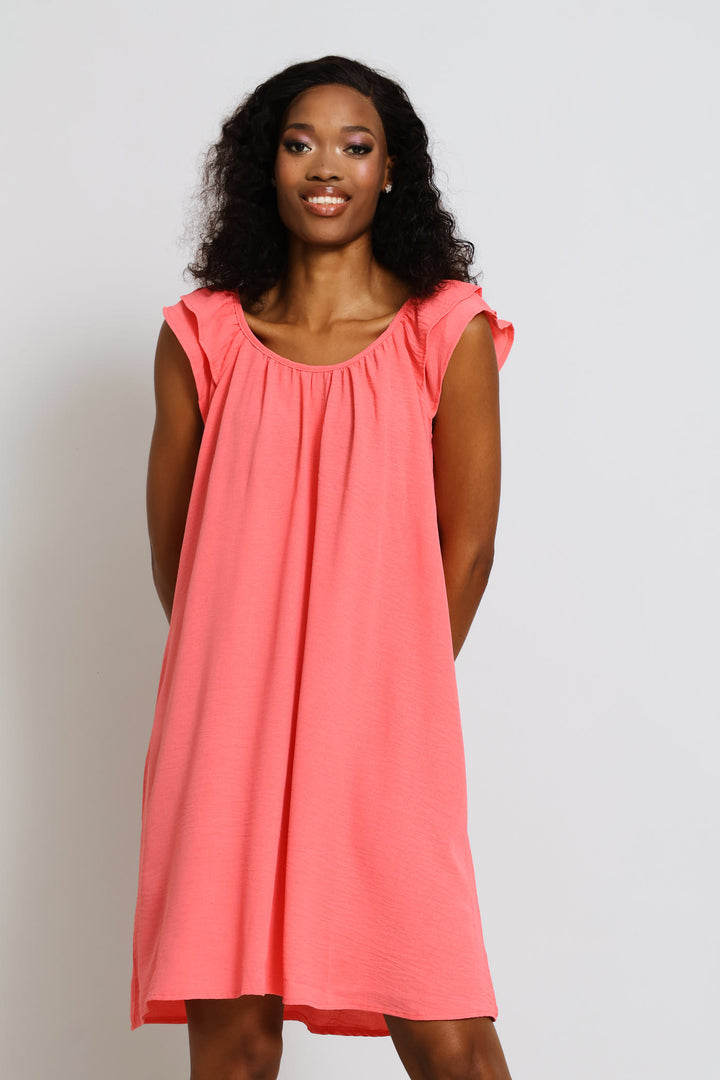 Double Frill Sleeve Babydoll Shift Dress - Coral