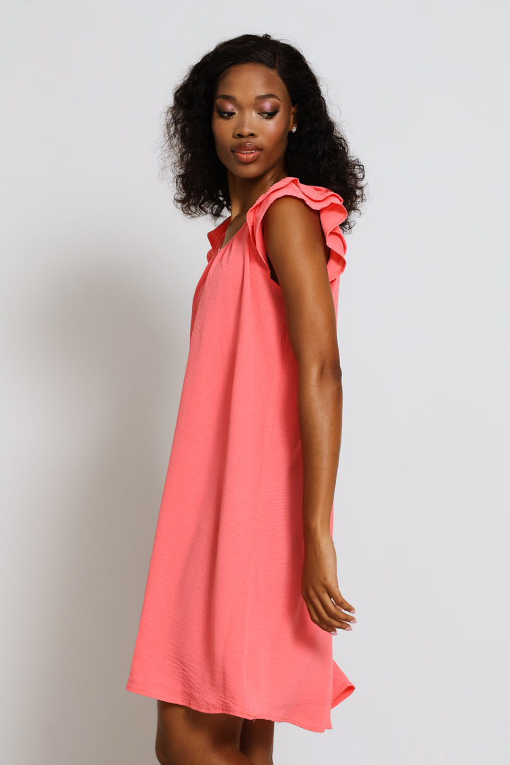 Double Frill Sleeve Babydoll Shift Dress - Coral