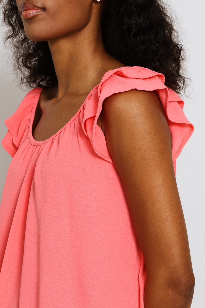 Double Frill Sleeve Babydoll Shift Dress - Coral