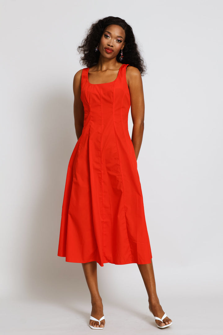 Square Neck Panelled Fit & Flare Midi Dress - Dark Orange