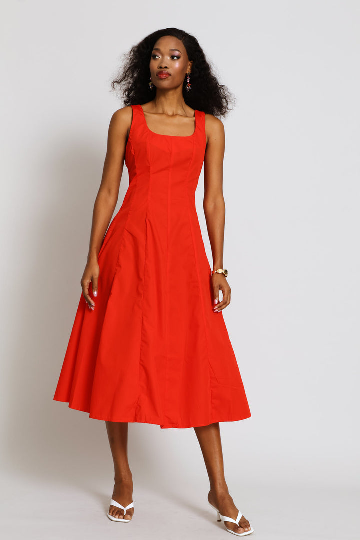 Square Neck Panelled Fit & Flare Midi Dress - Dark Orange