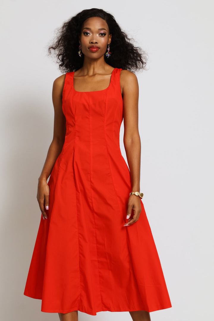 Square Neck Panelled Fit & Flare Midi Dress - Dark Orange