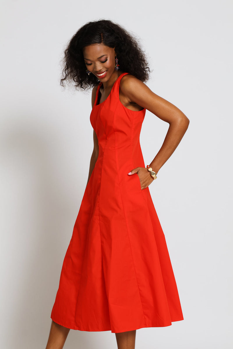 Square Neck Panelled Fit & Flare Midi Dress - Dark Orange