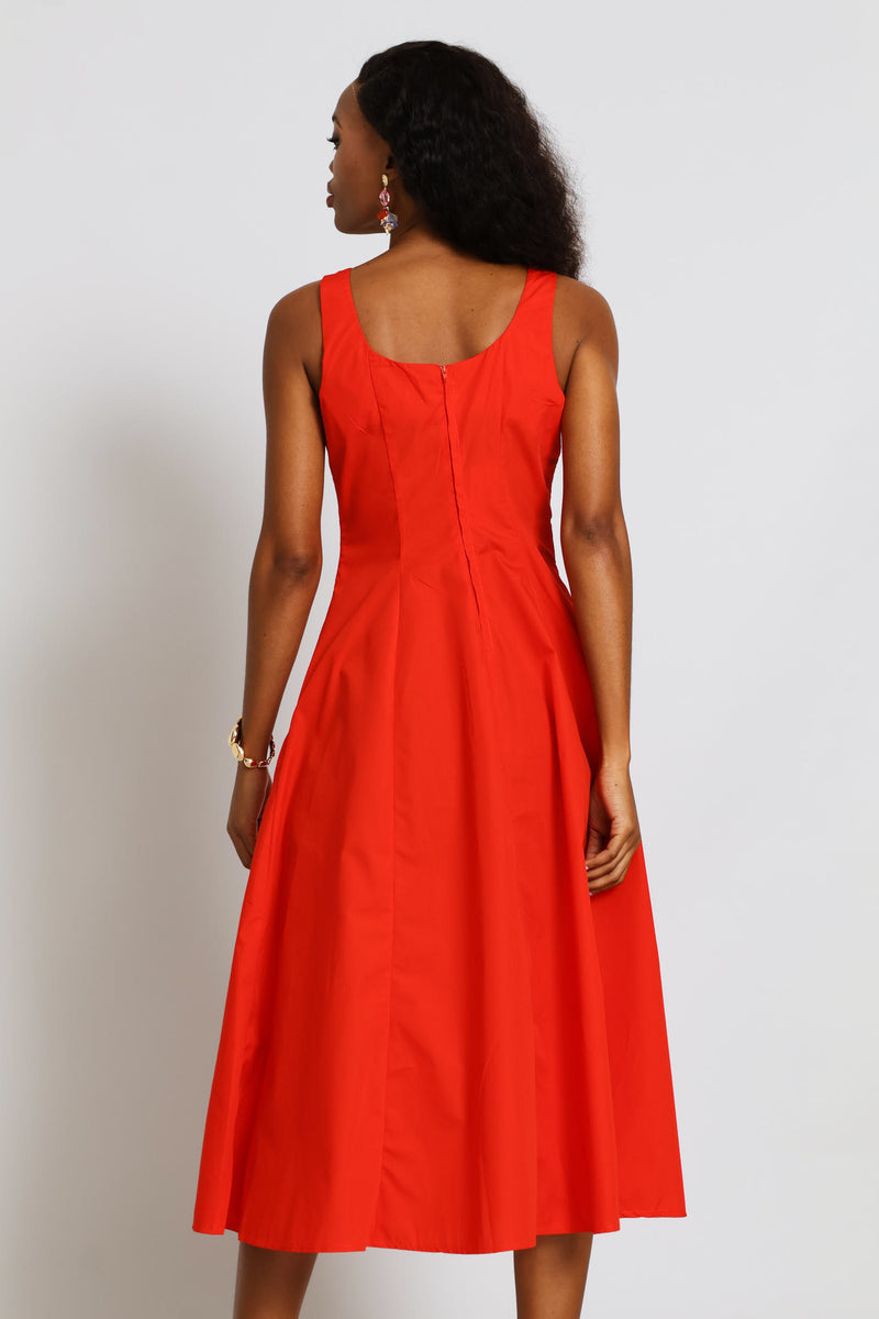 Square Neck Panelled Fit & Flare Midi Dress - Dark Orange