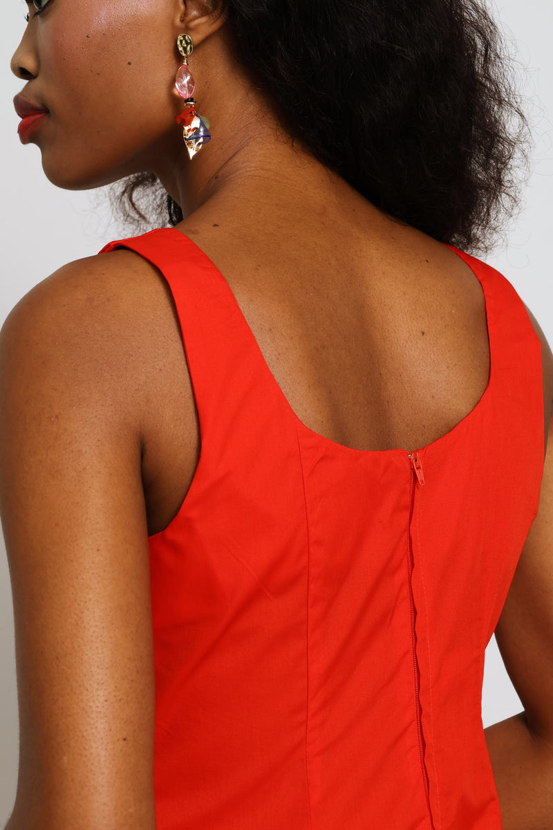 Square Neck Panelled Fit & Flare Midi Dress - Dark Orange