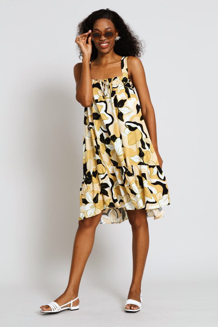 Square Neck Tie Front Frill Hem Mini Dress - Stone