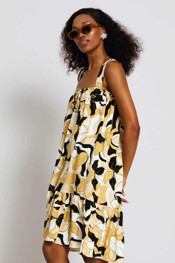 Square Neck Tie Front Frill Hem Mini Dress - Stone