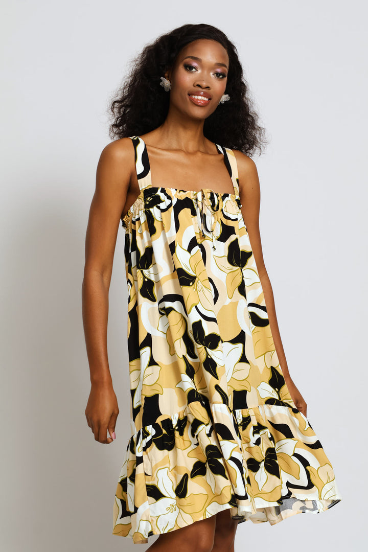 Square Neck Tie Front Frill Hem Mini Dress - Stone