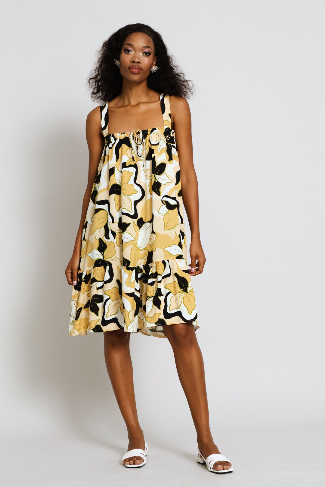 Square Neck Tie Front Frill Hem Mini Dress - Stone
