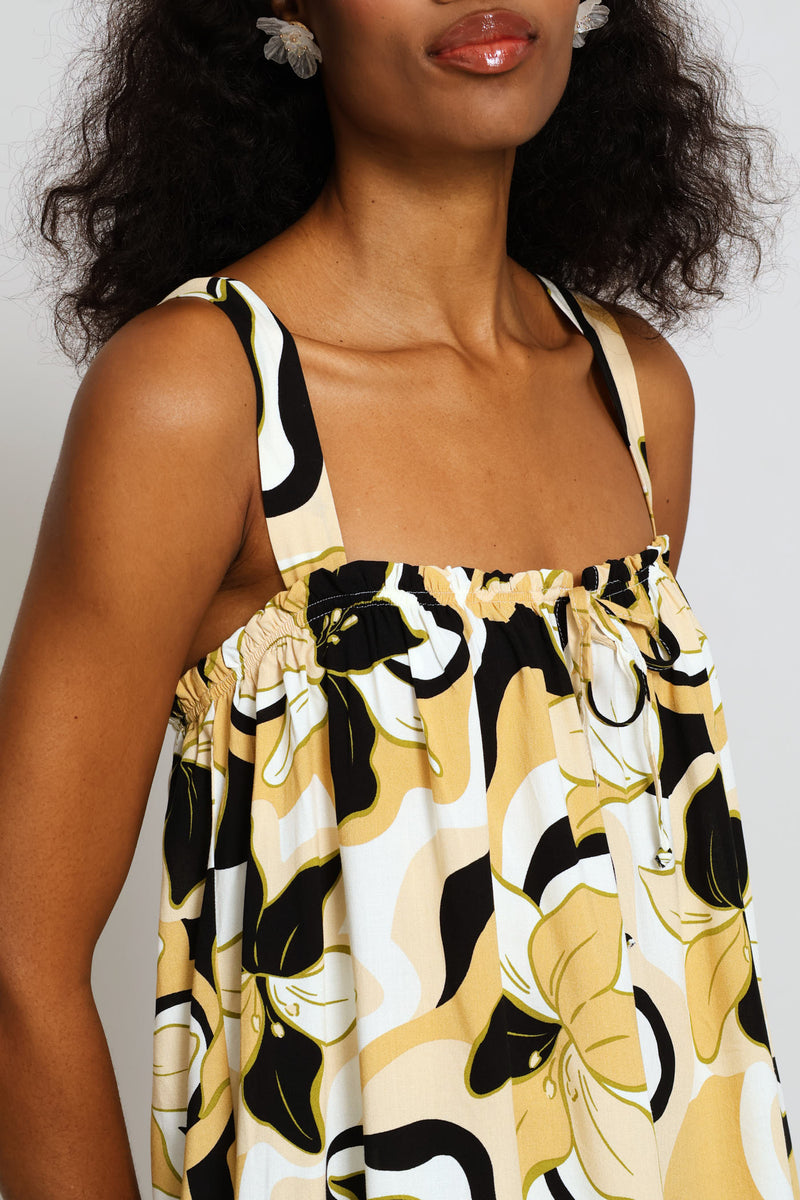Square Neck Tie Front Frill Hem Mini Dress - Stone