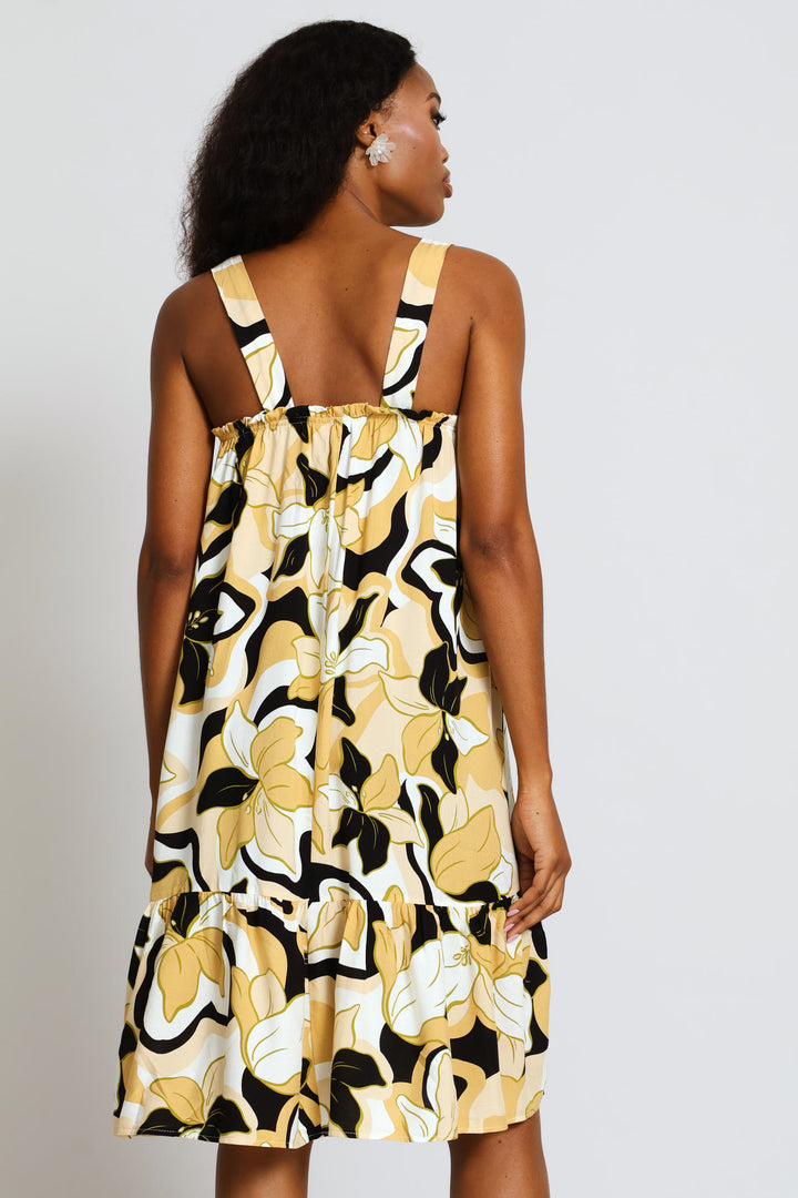 Square Neck Tie Front Frill Hem Mini Dress - Stone