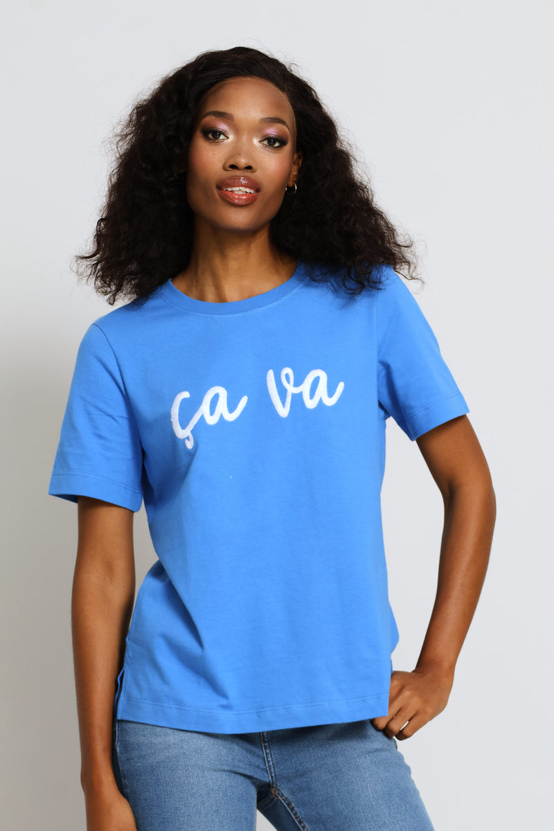 Embroidered Ca Va Slogan Boxy Tee - Periwinkle
