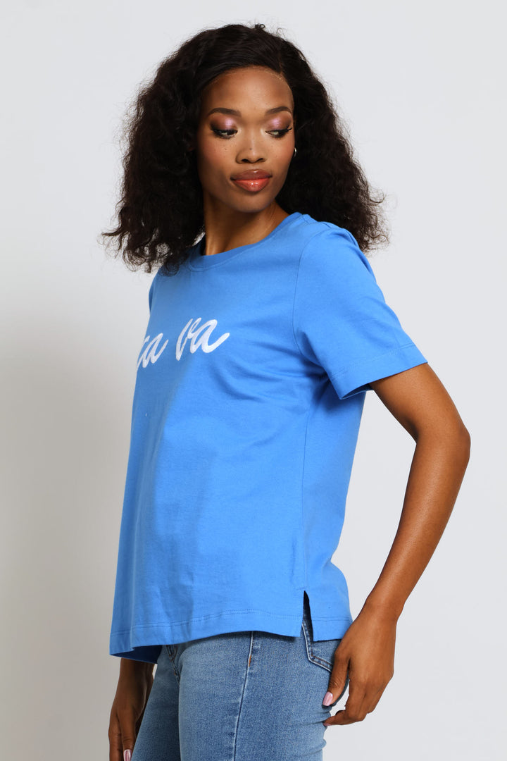 Embroidered Ca Va Slogan Boxy Tee - Periwinkle