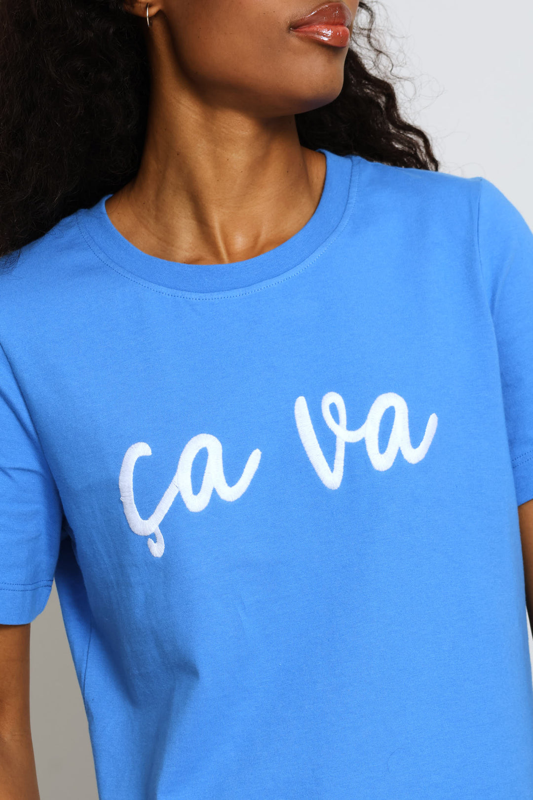 Embroidered Ca Va Slogan Boxy Tee - Periwinkle