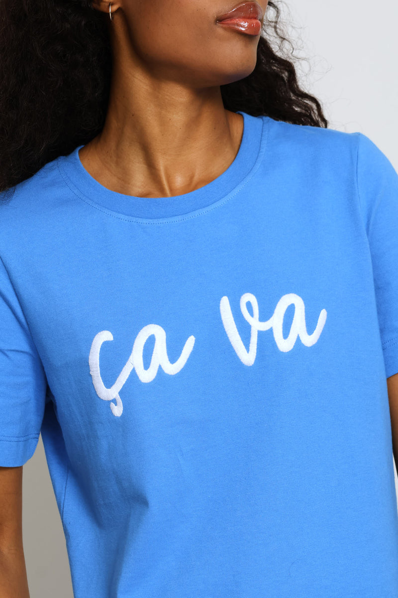 Embroidered Ca Va Slogan Boxy Tee - Periwinkle
