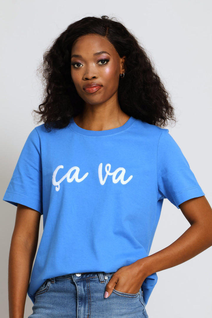 Embroidered Ca Va Slogan Boxy Tee - Periwinkle