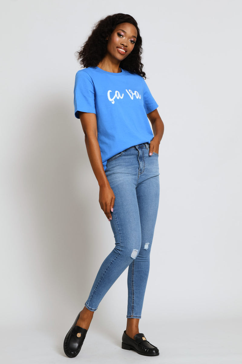 Embroidered Ca Va Slogan Boxy Tee - Periwinkle