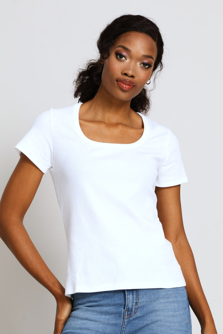 Scoop Neck Rib Fitted Tee - White