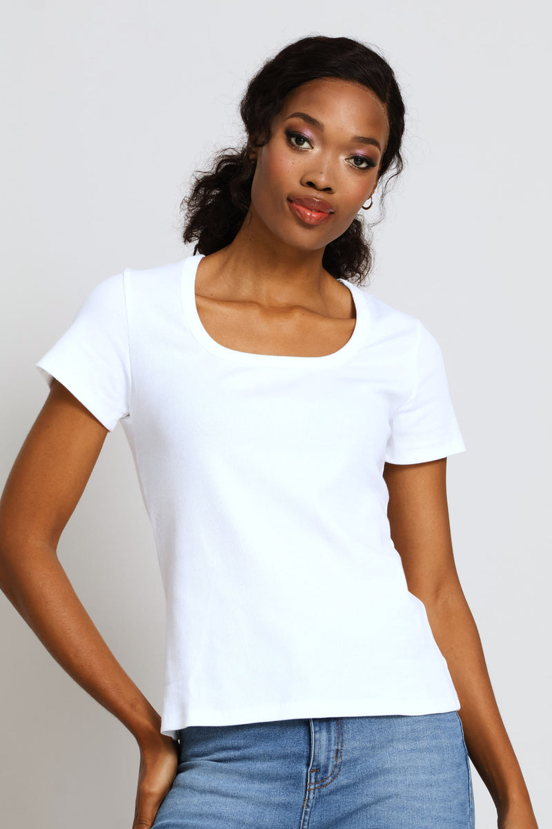 Scoop Neck Rib Fitted Tee - White