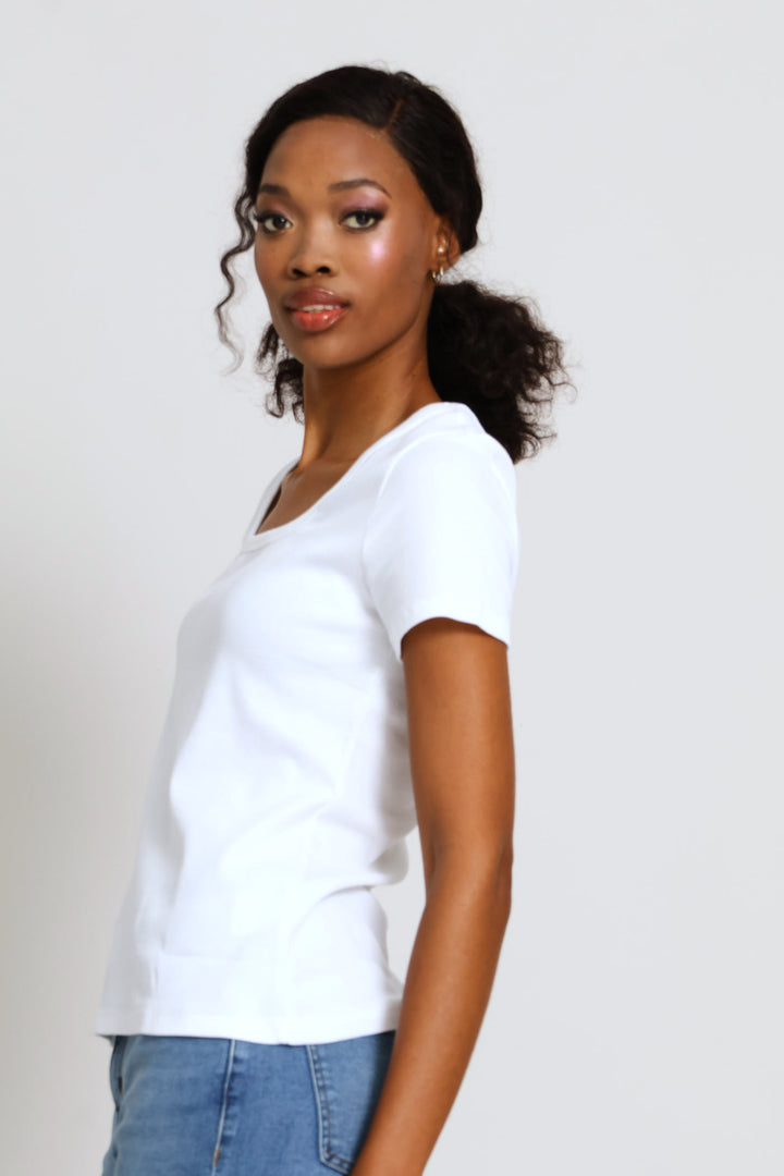 Scoop Neck Rib Fitted Tee - White