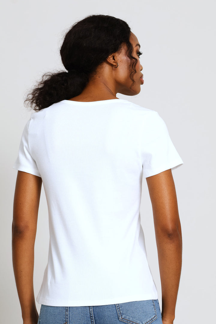 Scoop Neck Rib Fitted Tee - White