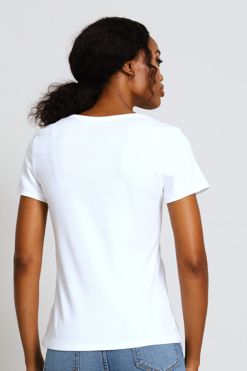 Scoop Neck Rib Fitted Tee - White